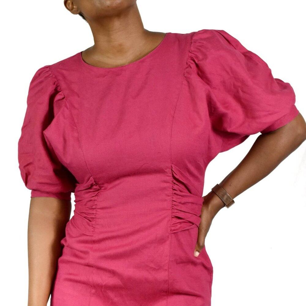 Vintage Ciro Pink Linen Dress Puff Sleeve Back Buttons Architectural 90s XS 2 - Picture 5 of 15